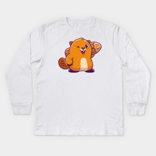 Cute Beaver Holding Wood Cartoon Kids Long Sleeve T-Shirt